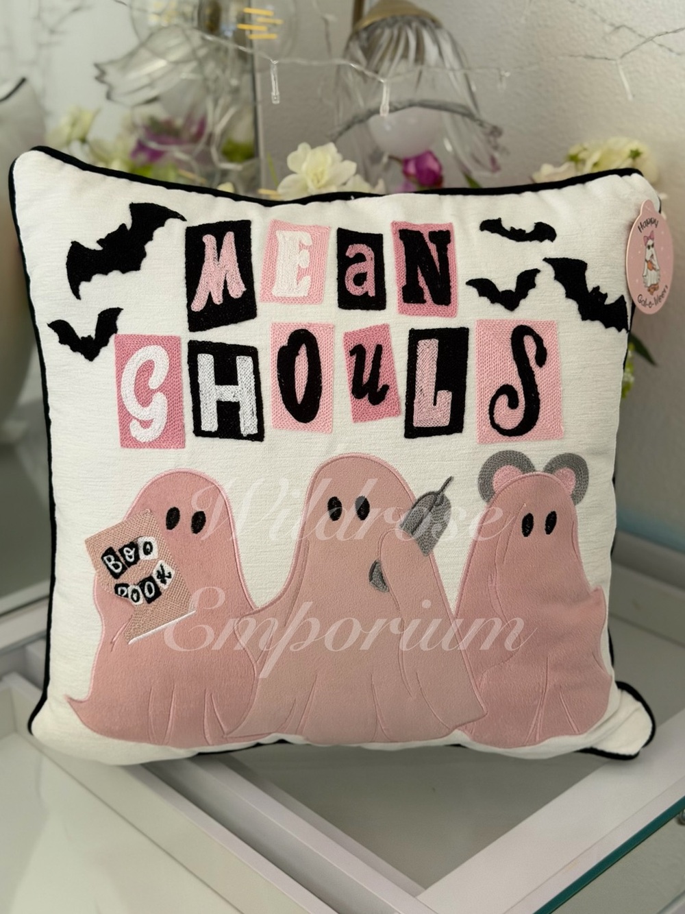 NEW! Mean Ghouls Pink Ghost Halloween Decorative Throw Pillow